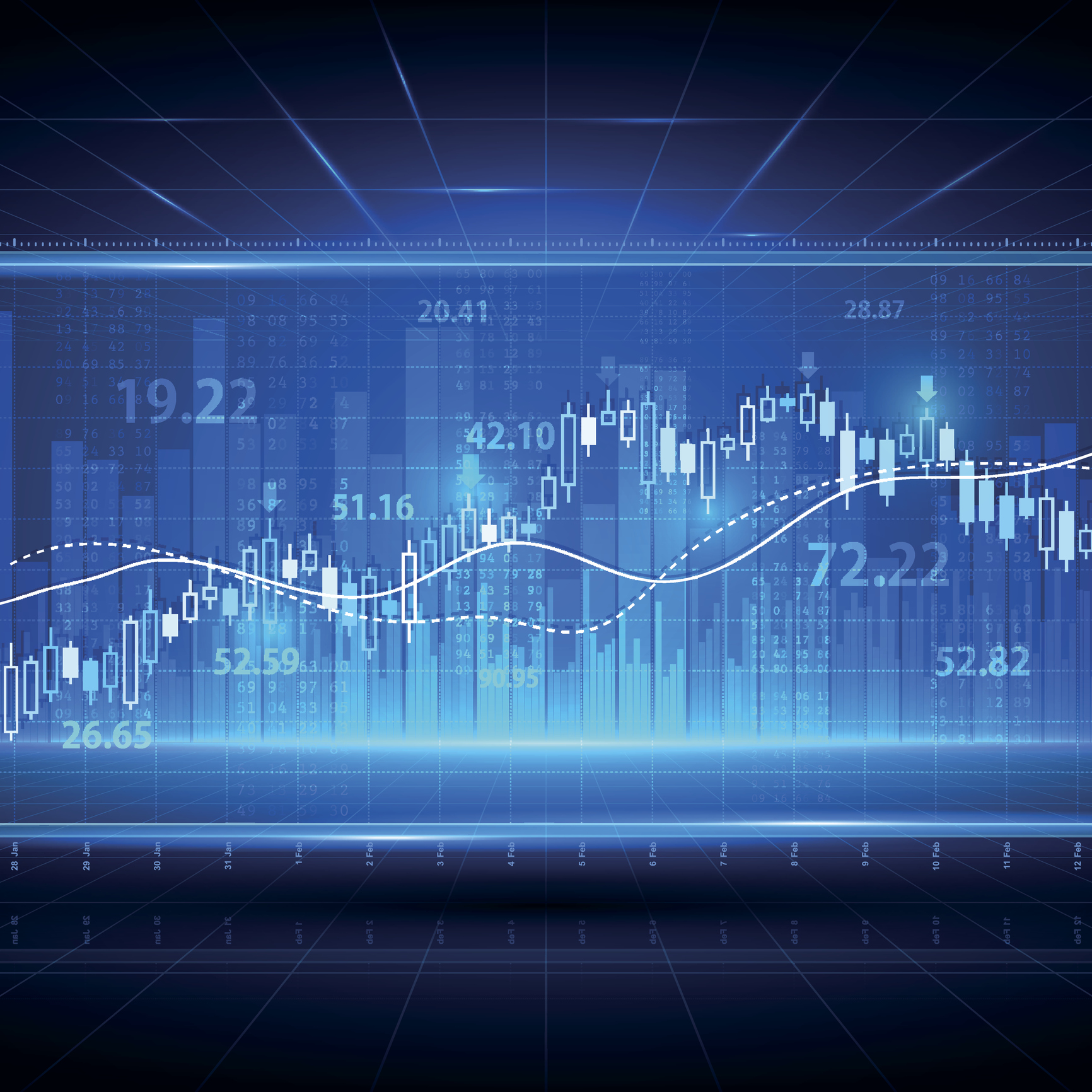 Stock chart with numbers on a blue background