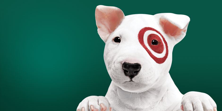 A small, white bull terrier with the Target bullseye logo around his left eye. 