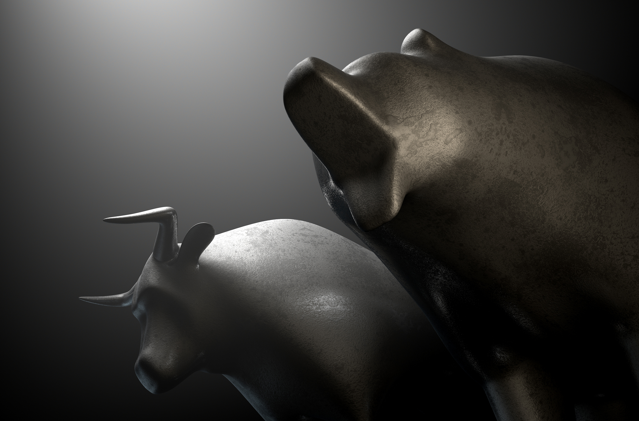 A bear roaring and a bull turning away