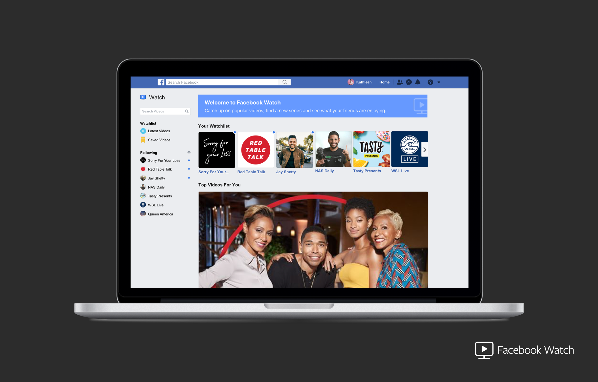 The Facebook Watch homepage on a laptop