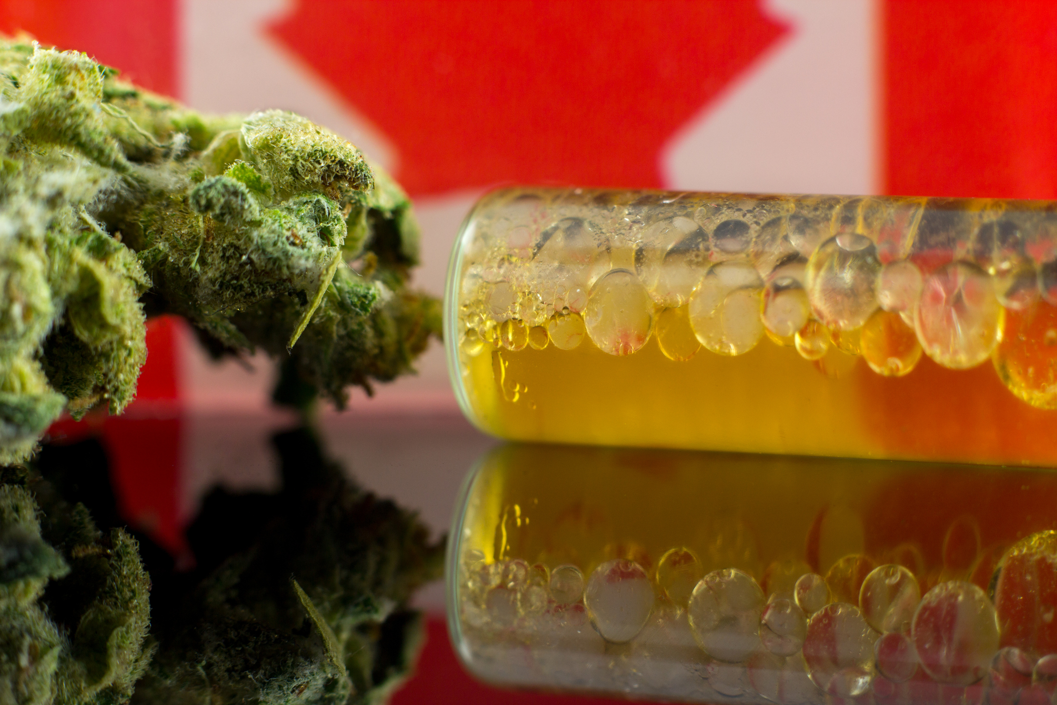 Cannabis oil in front of a Canadian flag.