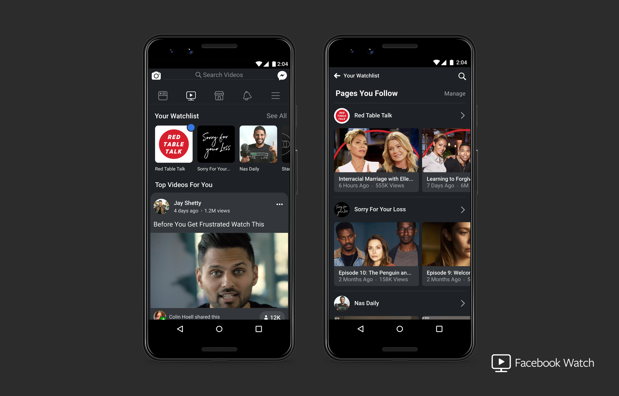 Facebook Watch interface on two smartphones