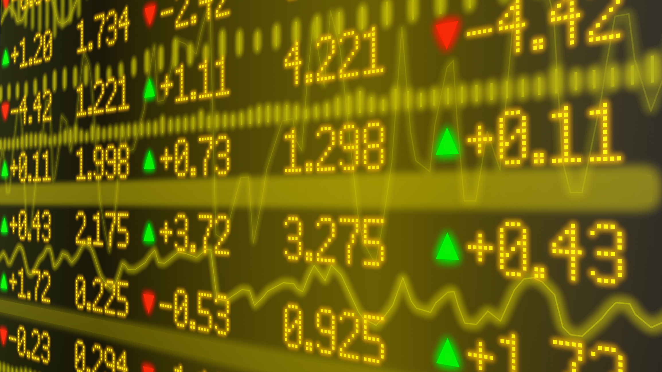 Stock market data in yellow digital letters with red and green arrows indicating direction