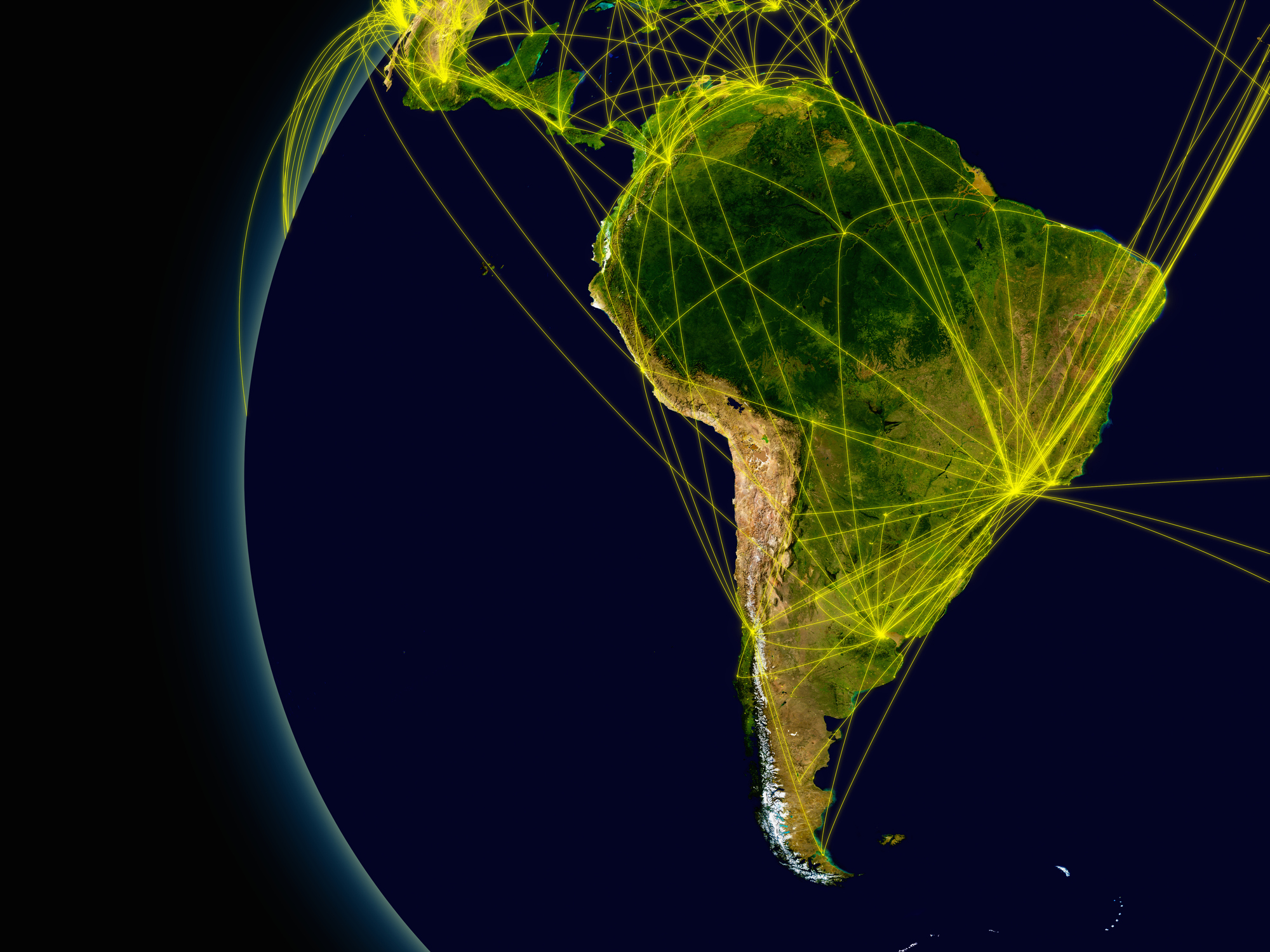 Image of South America with connecting flight patterns to other continents.