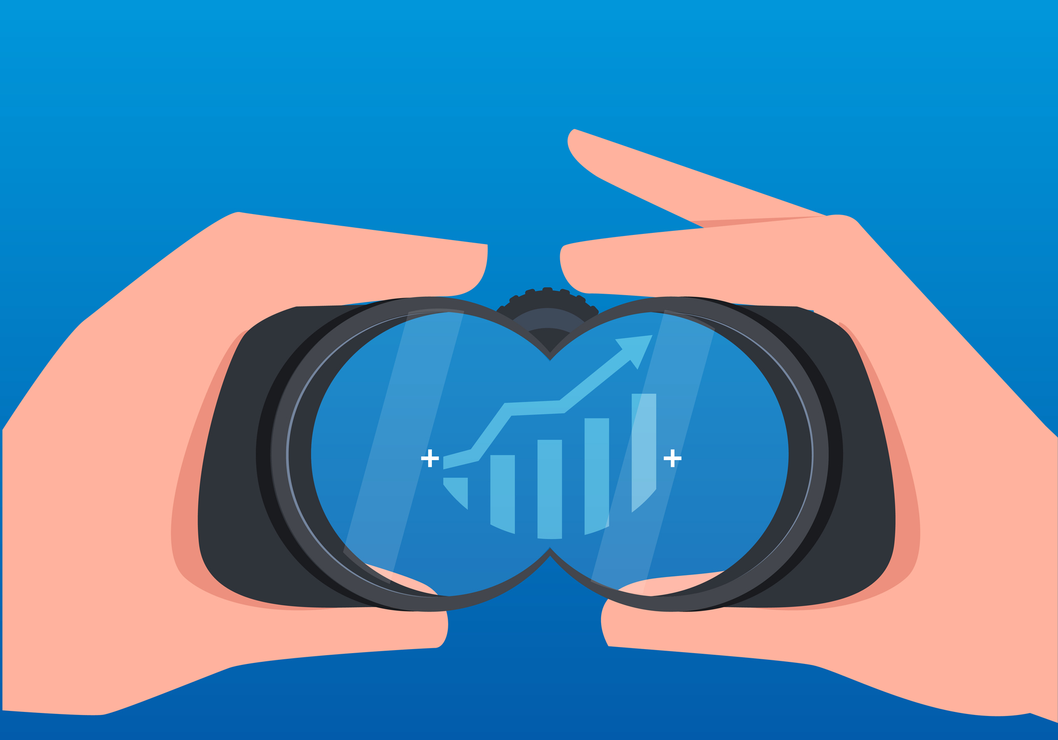 Cartoon of binoculars looking at a stock growth chart.