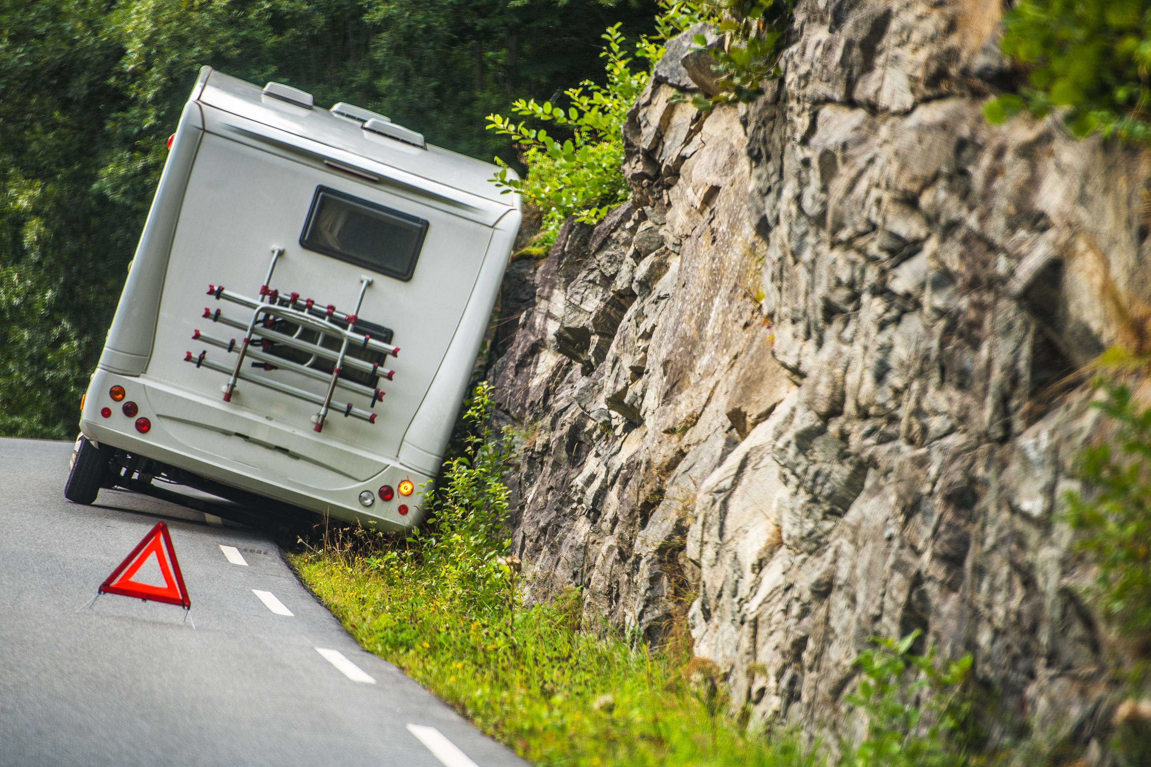 RV on roadside in a ditch
