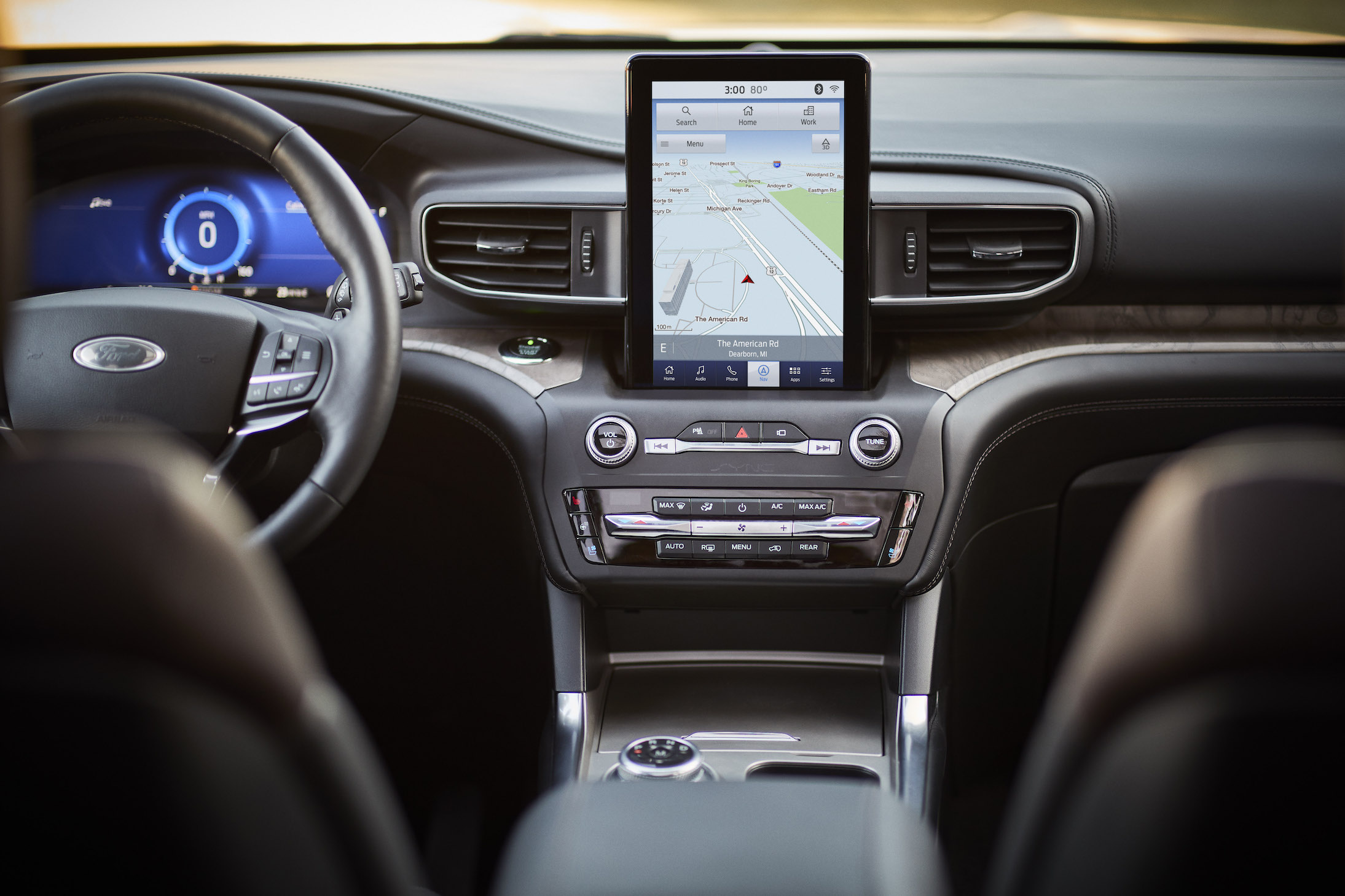The dashboard of a 2020 Ford Explorer Platinum, showing a large touchscreen above the center stack.