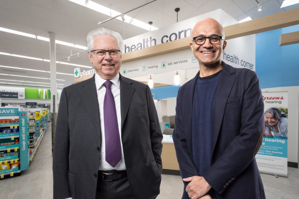 Stefano Pessina, executive vice chairman and chief executive officer of WBA (left), and Microsoft CEO Satya Nadella (right).