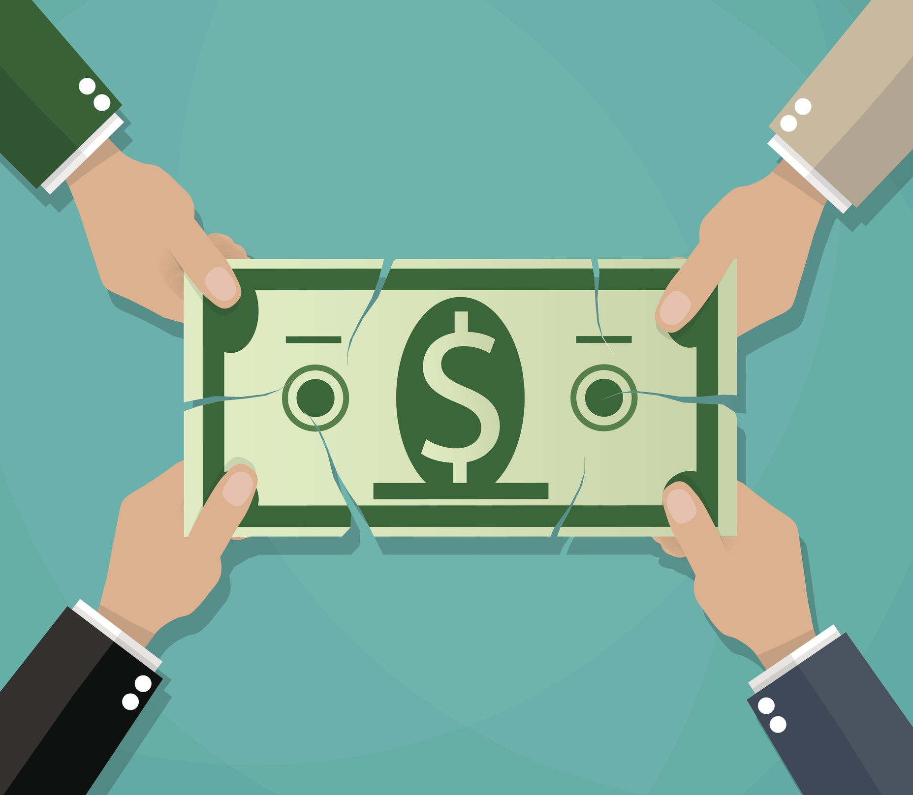 Four hands pulling apart a dollar bill