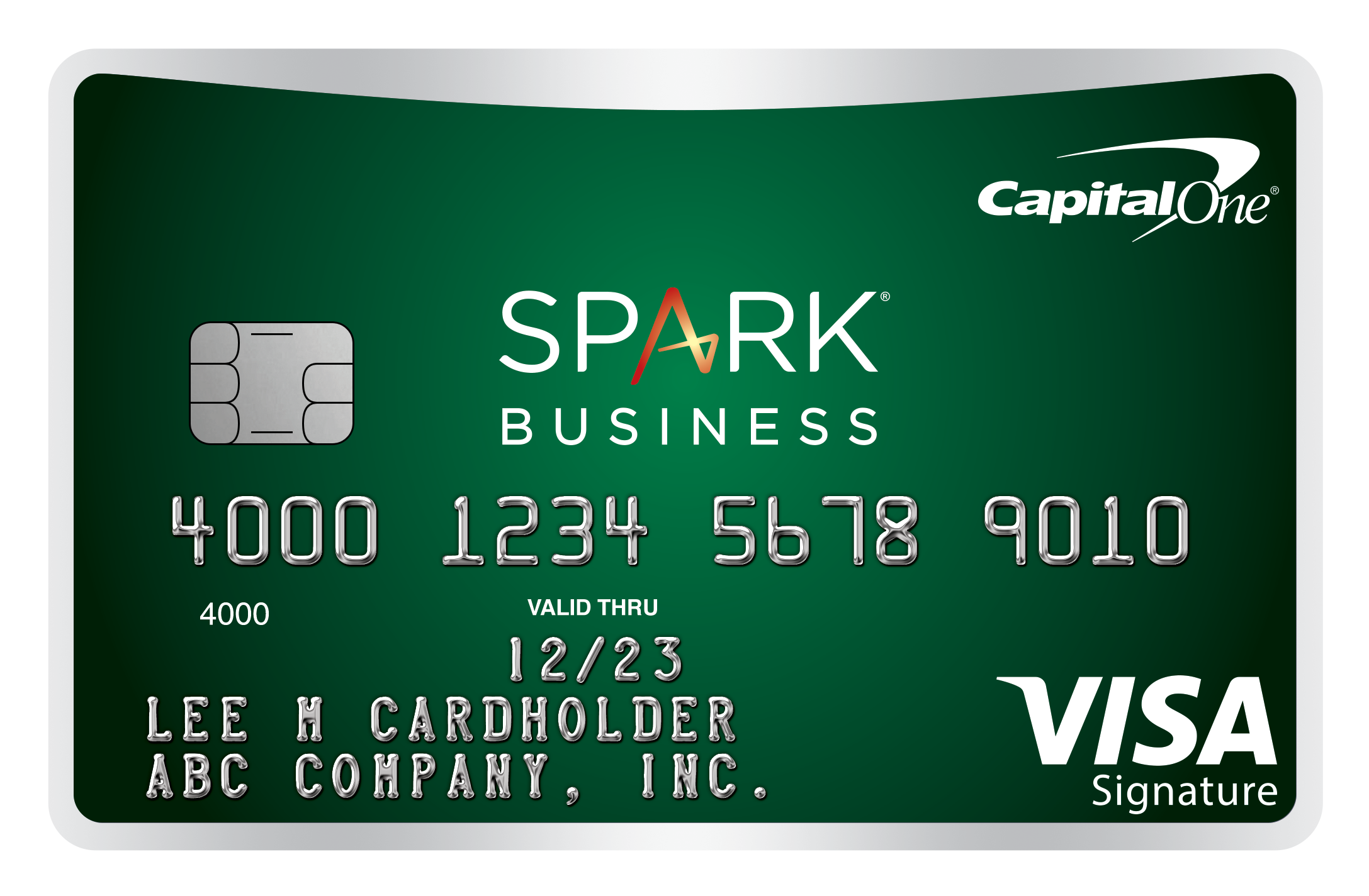 Green credit card with Capital One Spark Business branding.