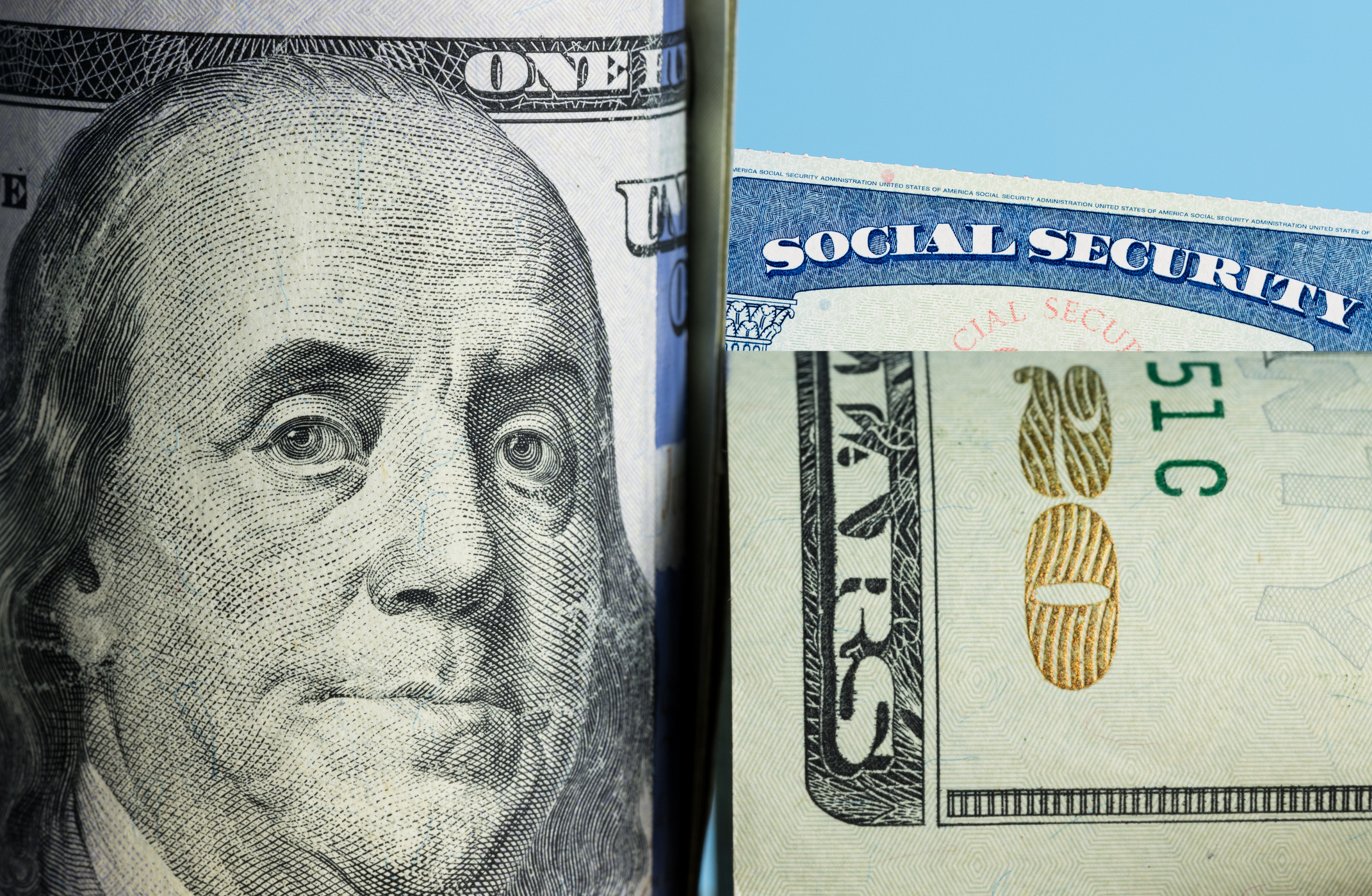 A folded hundred dollar bill and twenty dollar bill partially covering a Social Security card.