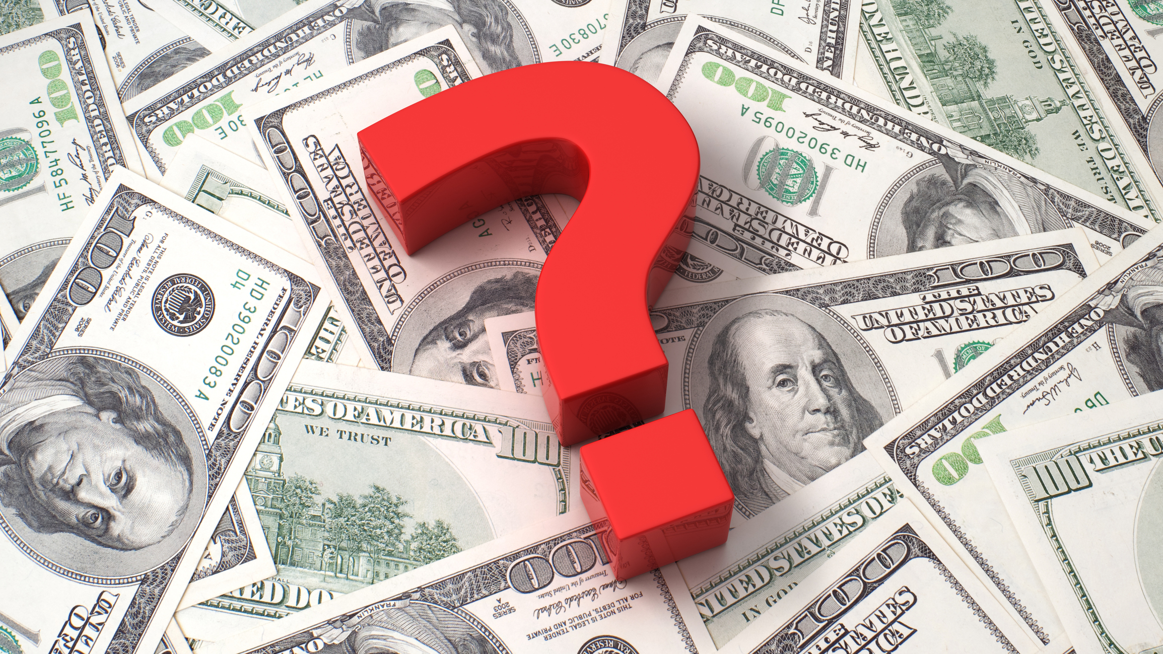 Big red question mark on a pile of cash money.