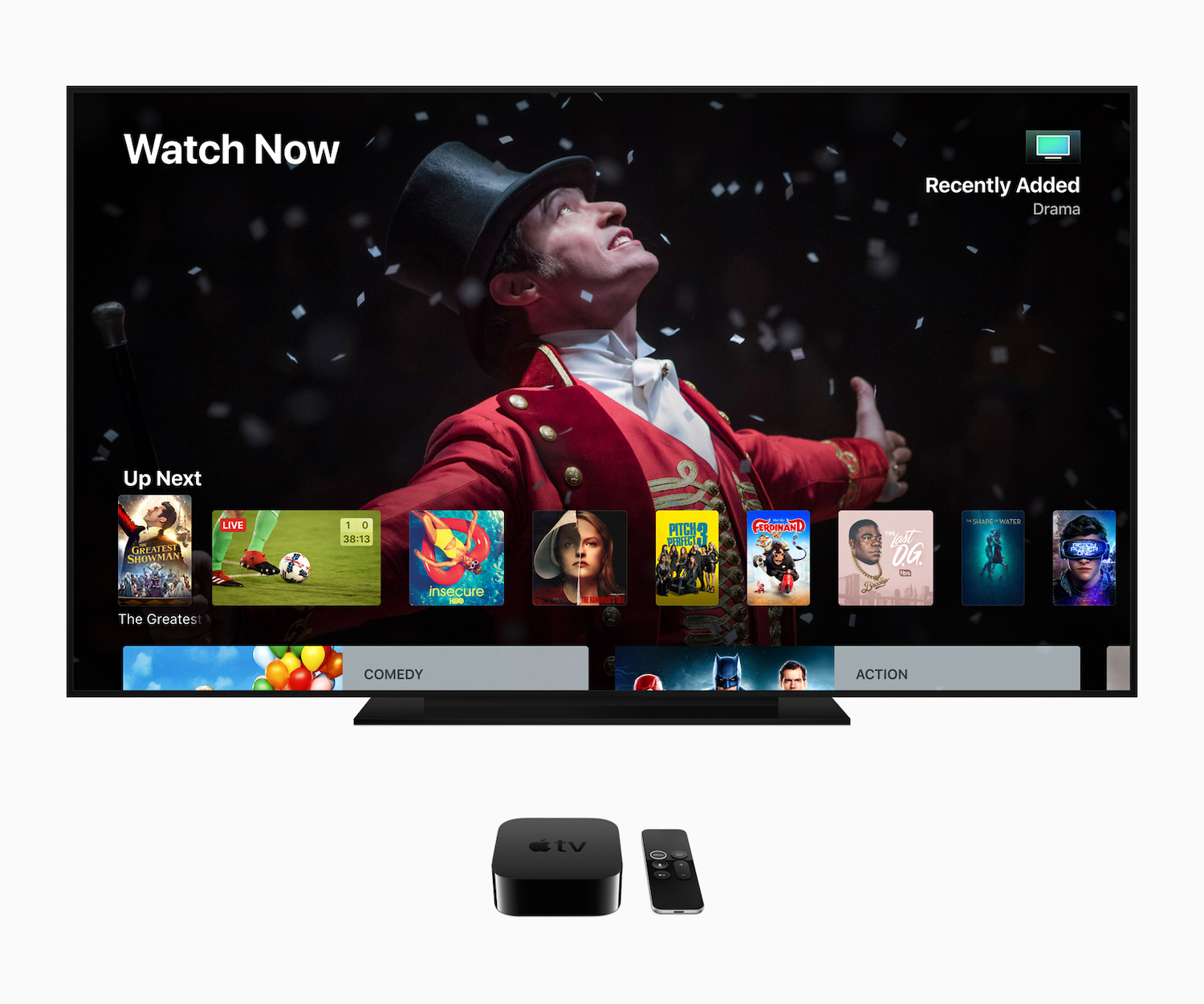 Apple TV box in front of a TV.