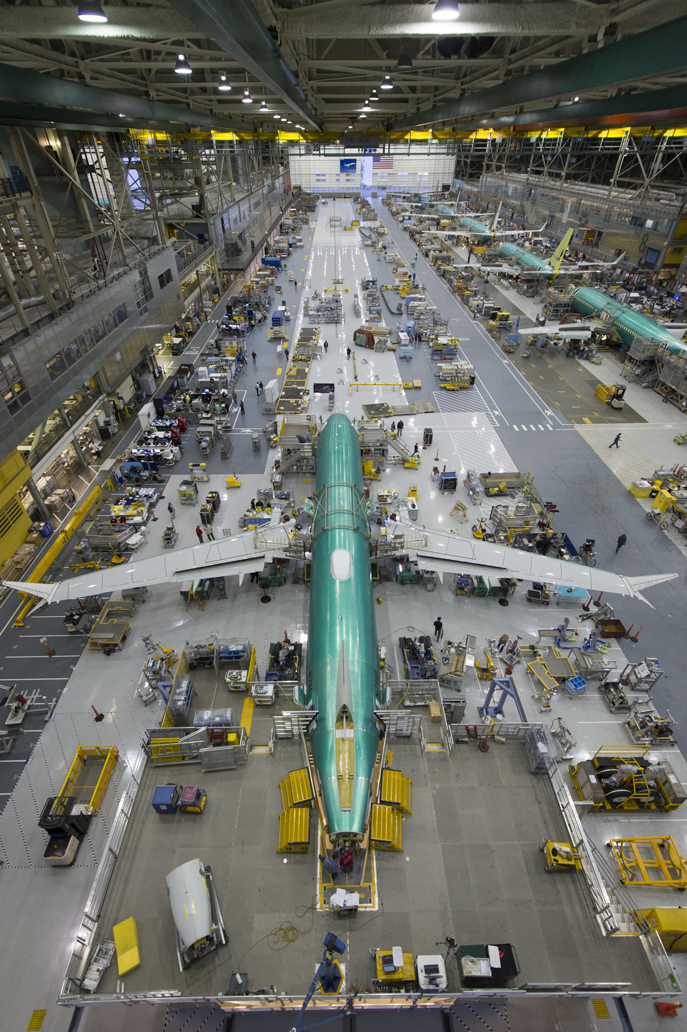Boeing 737s being assembled in a factory