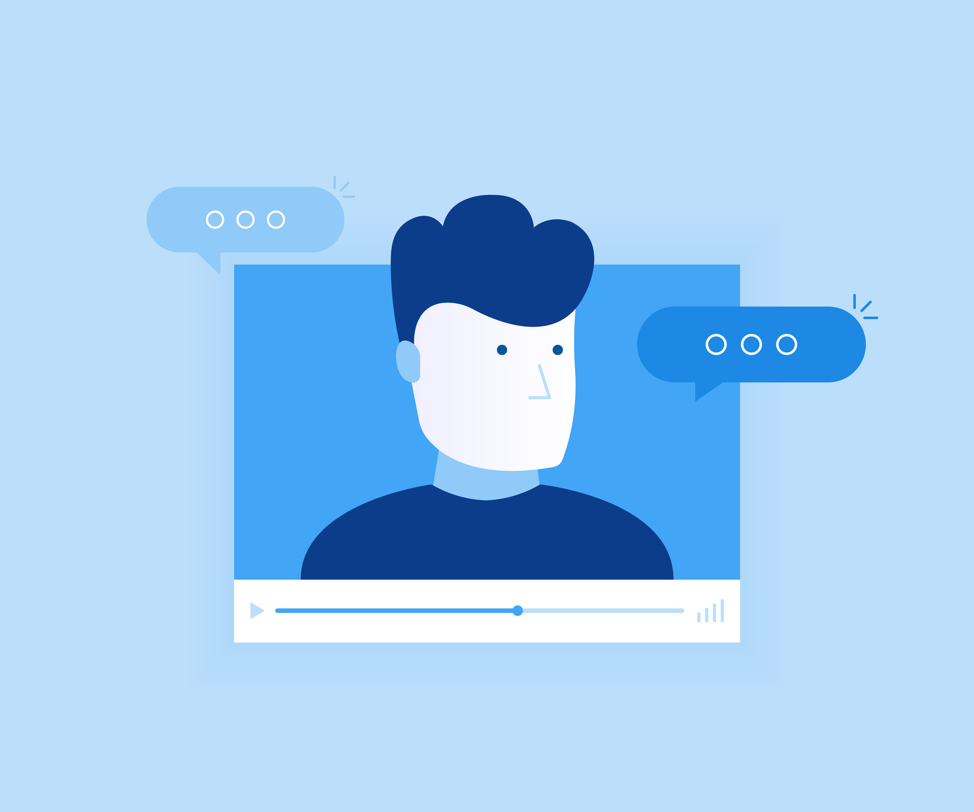 A blue illustration of a person with thought bubbles on a screen.