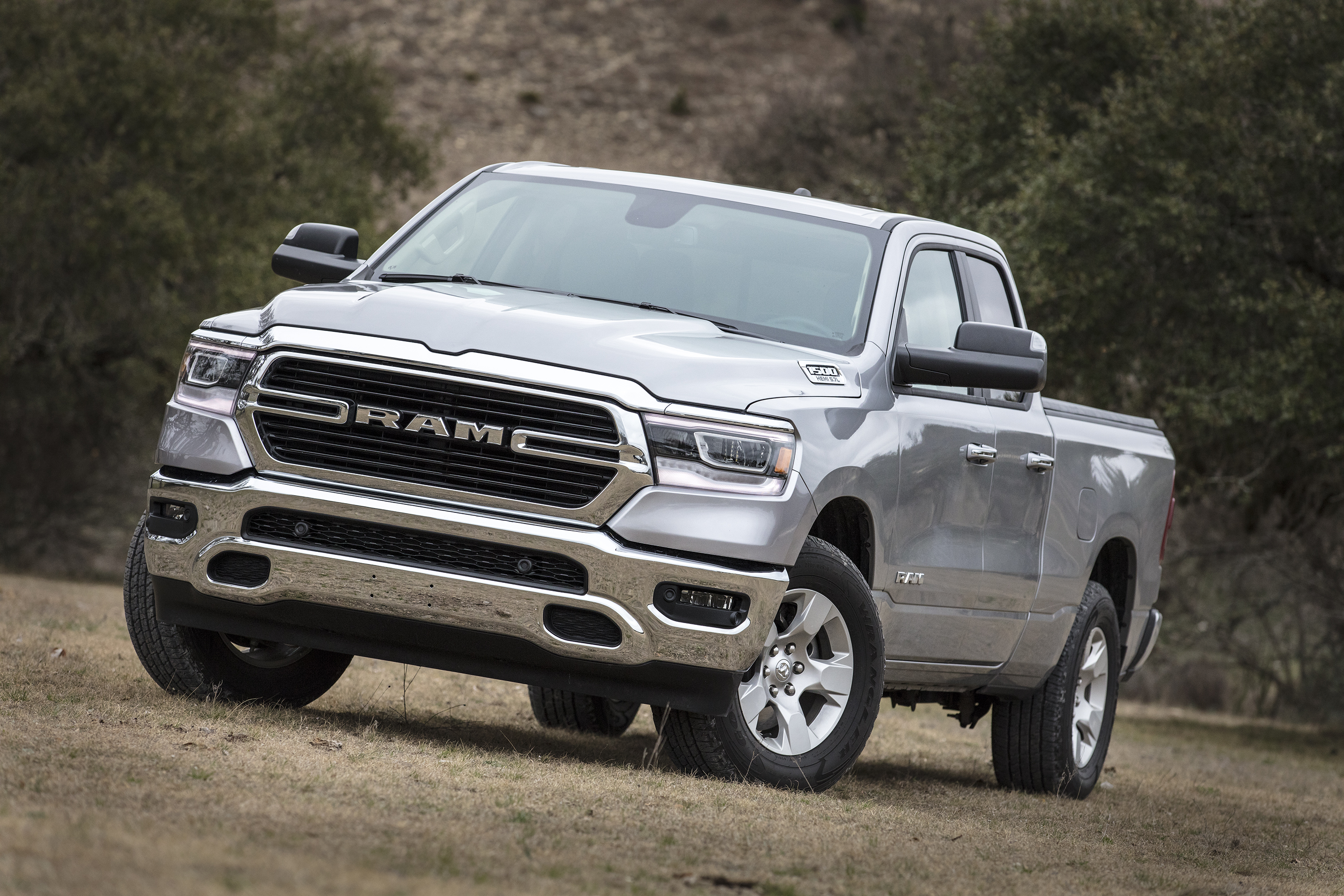 A silver 2019 Ram 1500, a full-size pickup truck.