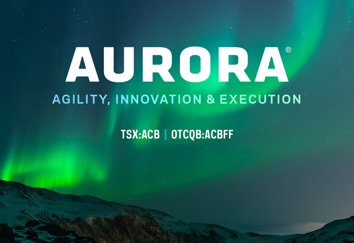 Aurora borealis with the Aurora logo and slogan superimposed.
