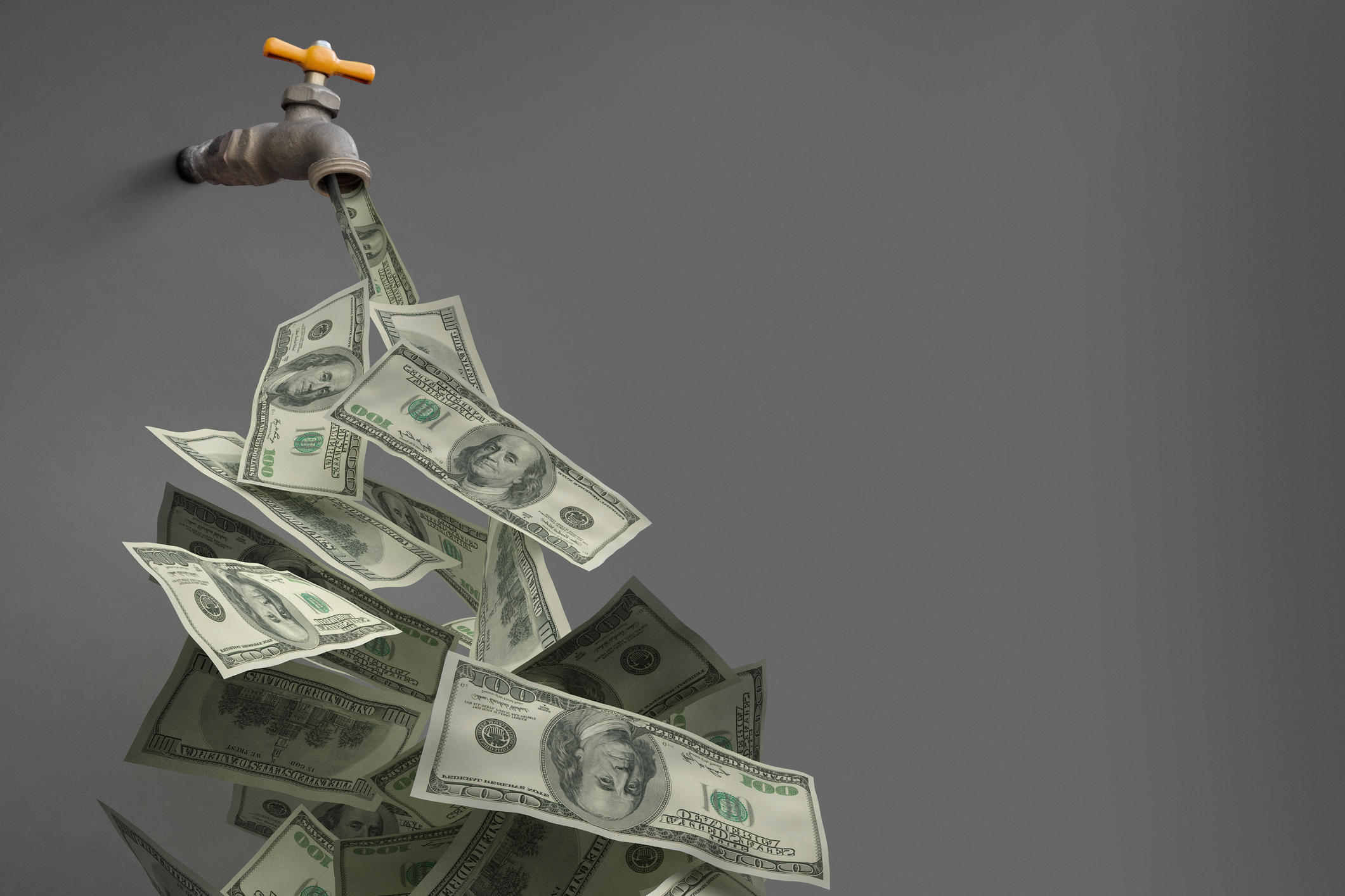A spigot is open, with hundred-dollar bills flowing out of it like water. 