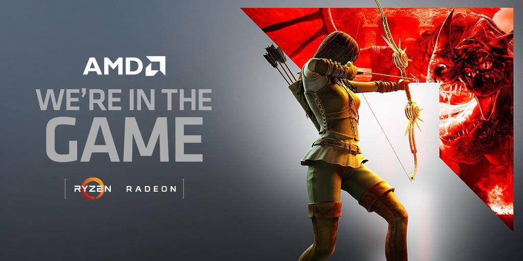 A drawing of a woman aiming her bow and arrow at a dragon. Next to them are the words AMD we're in the game. Ryzen. Radeon.