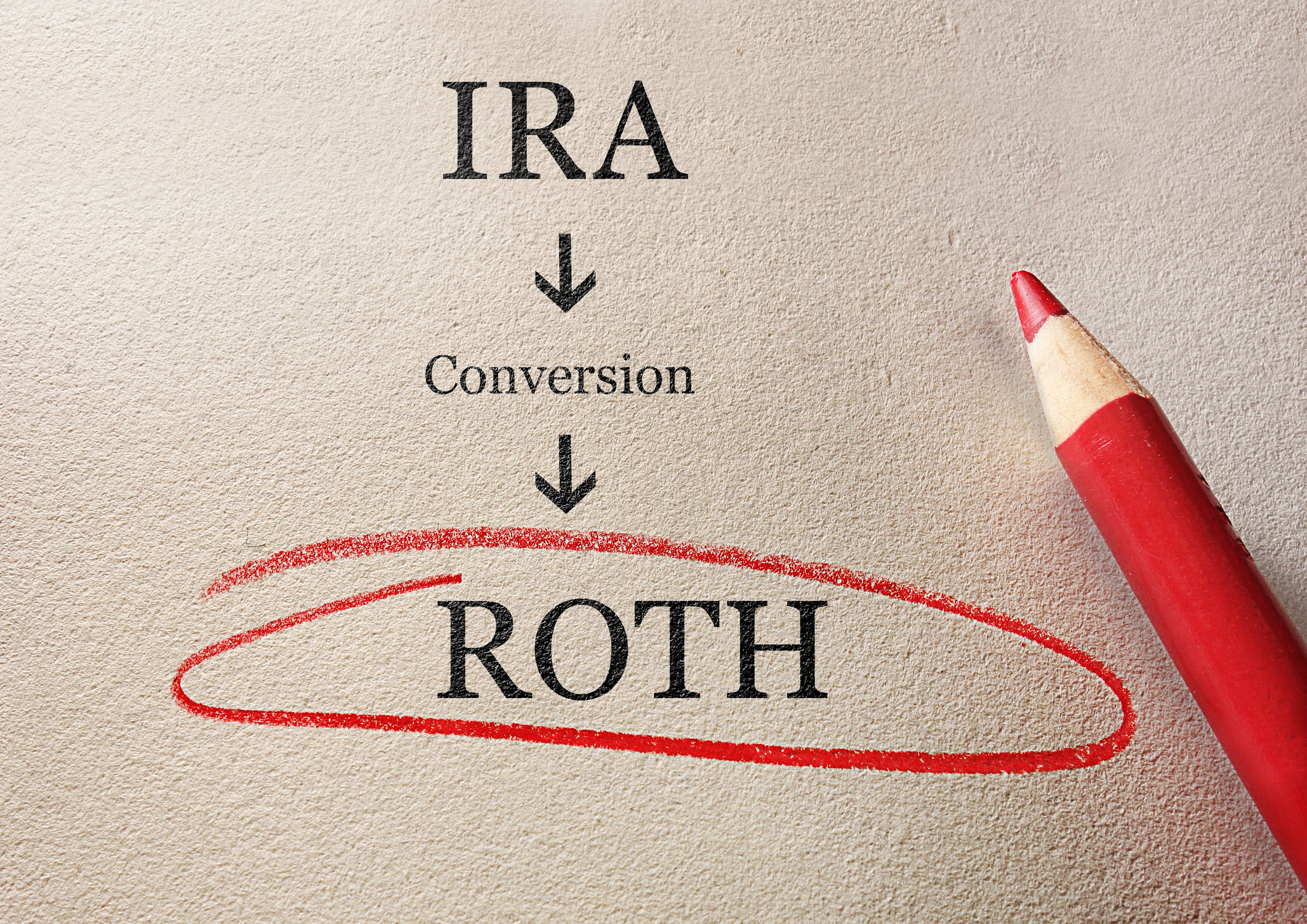The words IRA, conversion, and Roth on a piece of paper, with Roth circled in red pencil