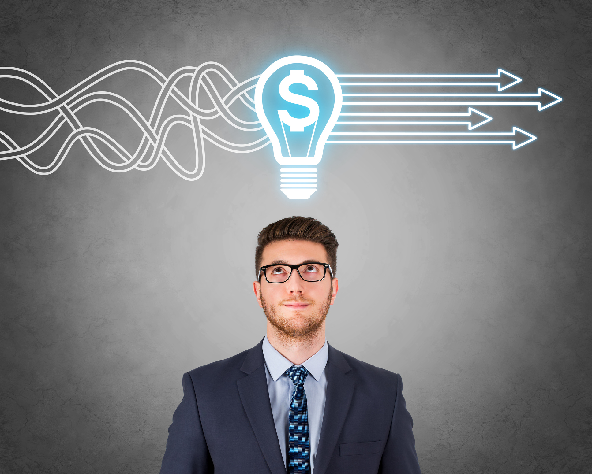 Man with idea light bulb containing dollar sign over his head.