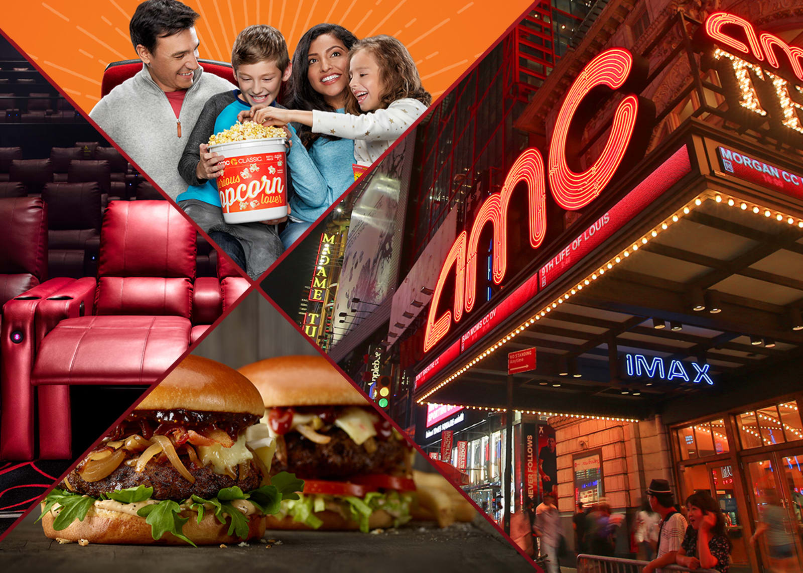 A collage of an AMC theater, a happy family eating popcorn, reclining seats, and freshly cooked hamburgers.