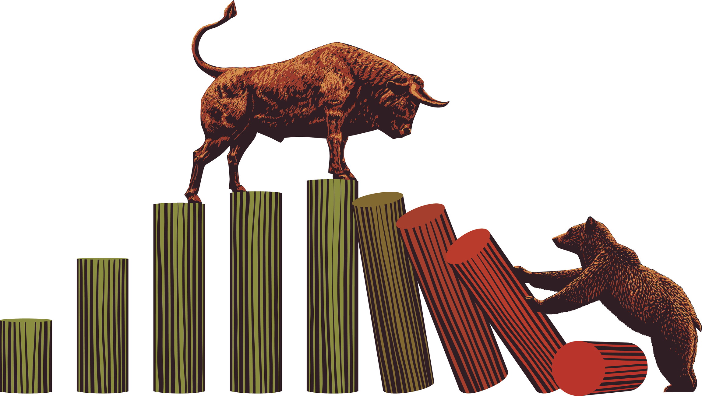 Bull standing on blocks as bear knocks them down