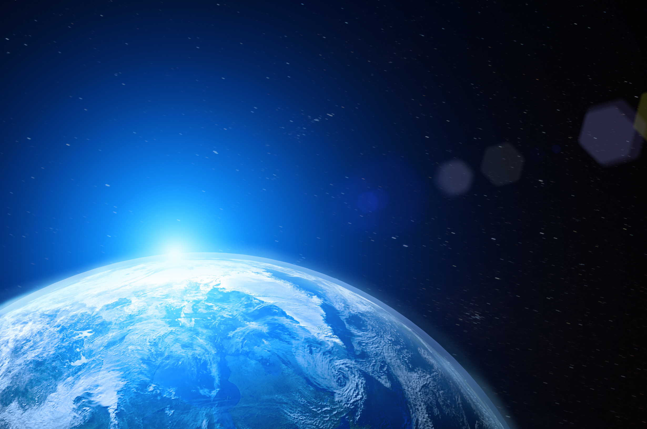 View of blue planet Earth in space during sunrise,