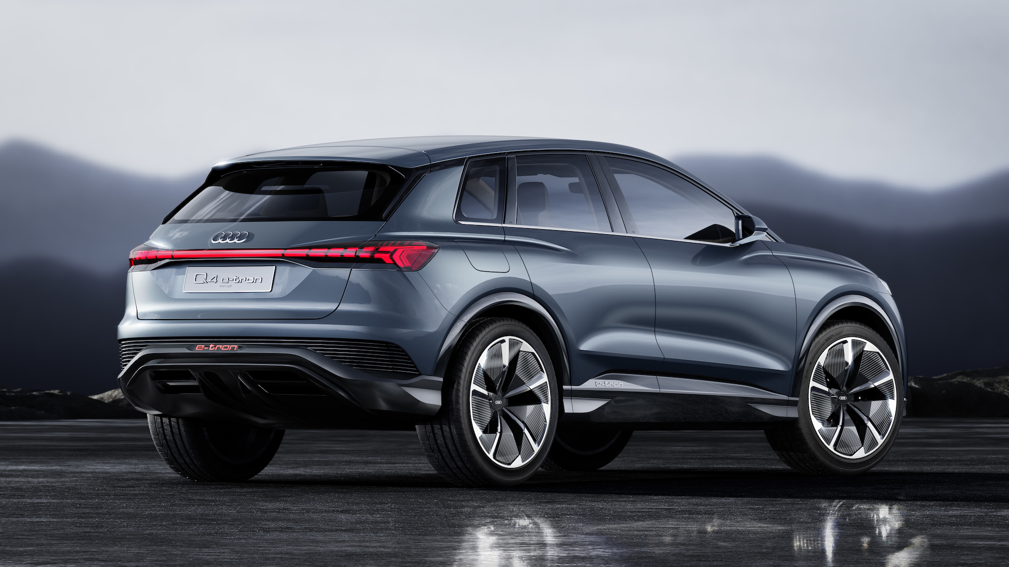 A rear three-quarter view of the Audi e-tron Q4 Concept, a compact electric crossover SUV.