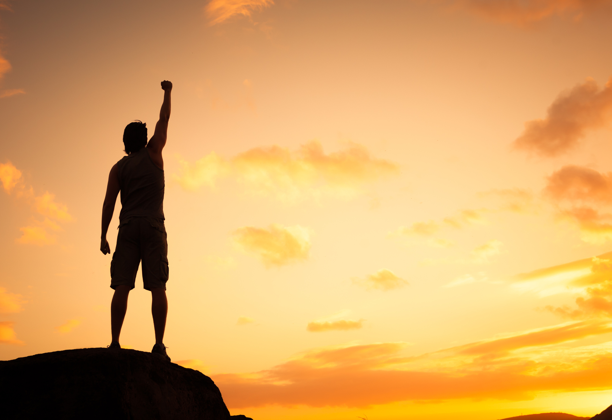 The silhouette of a man with his arm raised in celebration.