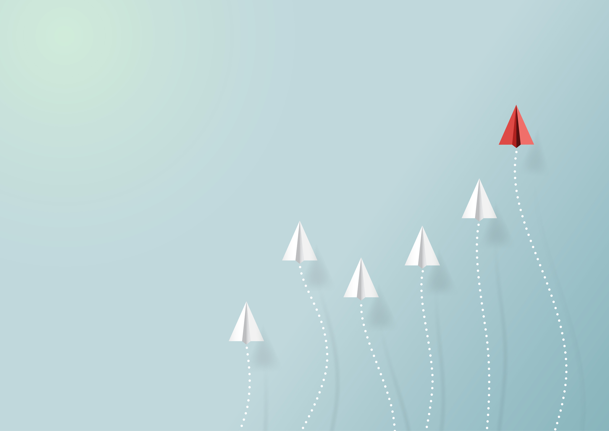 Paper airplanes on a blue background with a red one flying higher than the others.