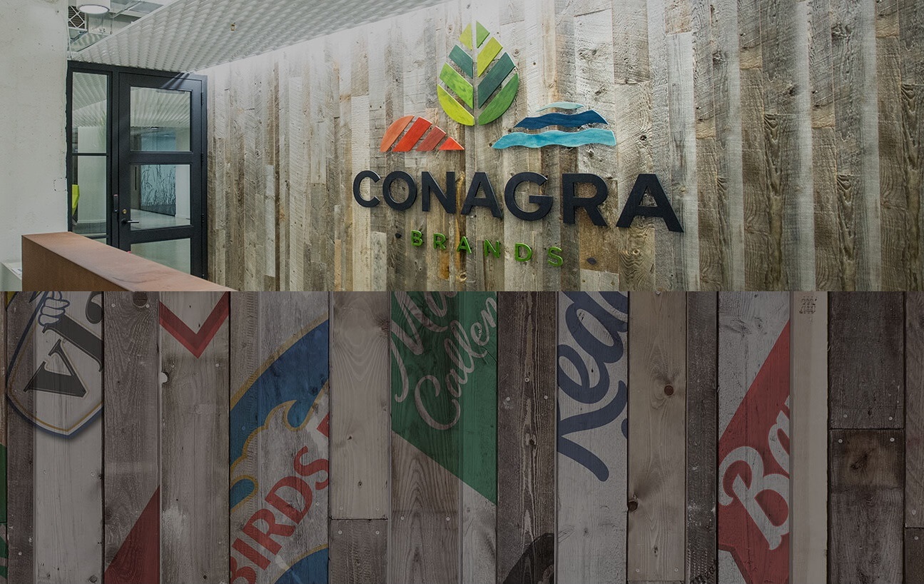Lobby with Conagra Brands logo, along with logos of various food brands.