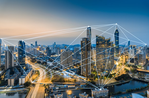 Networking connections across the Shenzhen skyline.