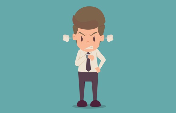 Cartoon of an angry businessman looking at his watch with steam coming out of his ears