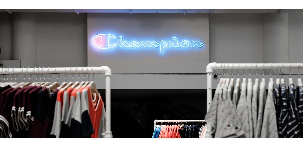 The Champion logo inside of a store.