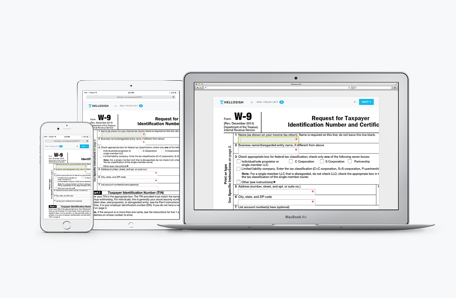 HelloSign software on a laptop, tablet, and smartphone