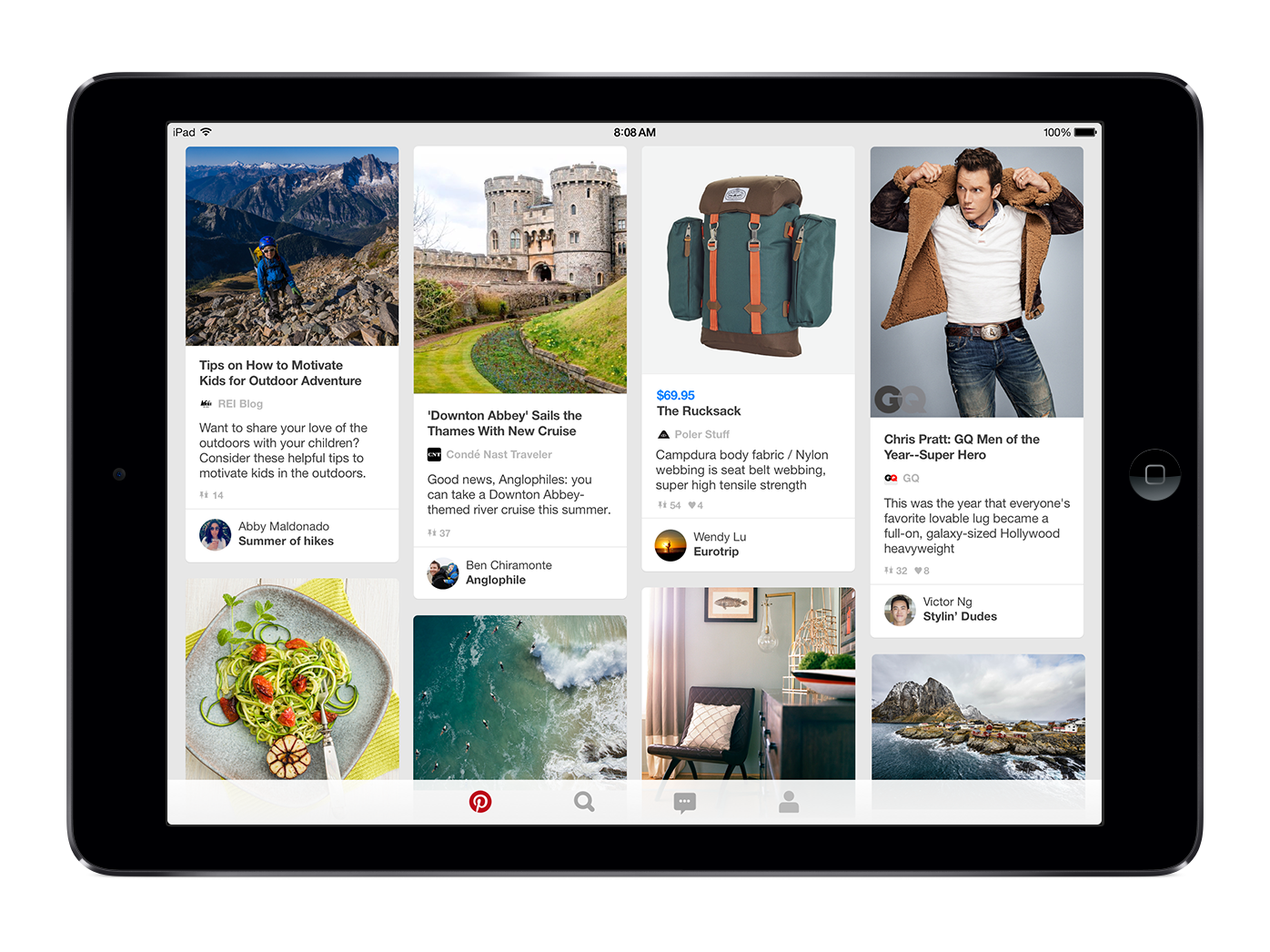 Pinterest home feed on an iPad.