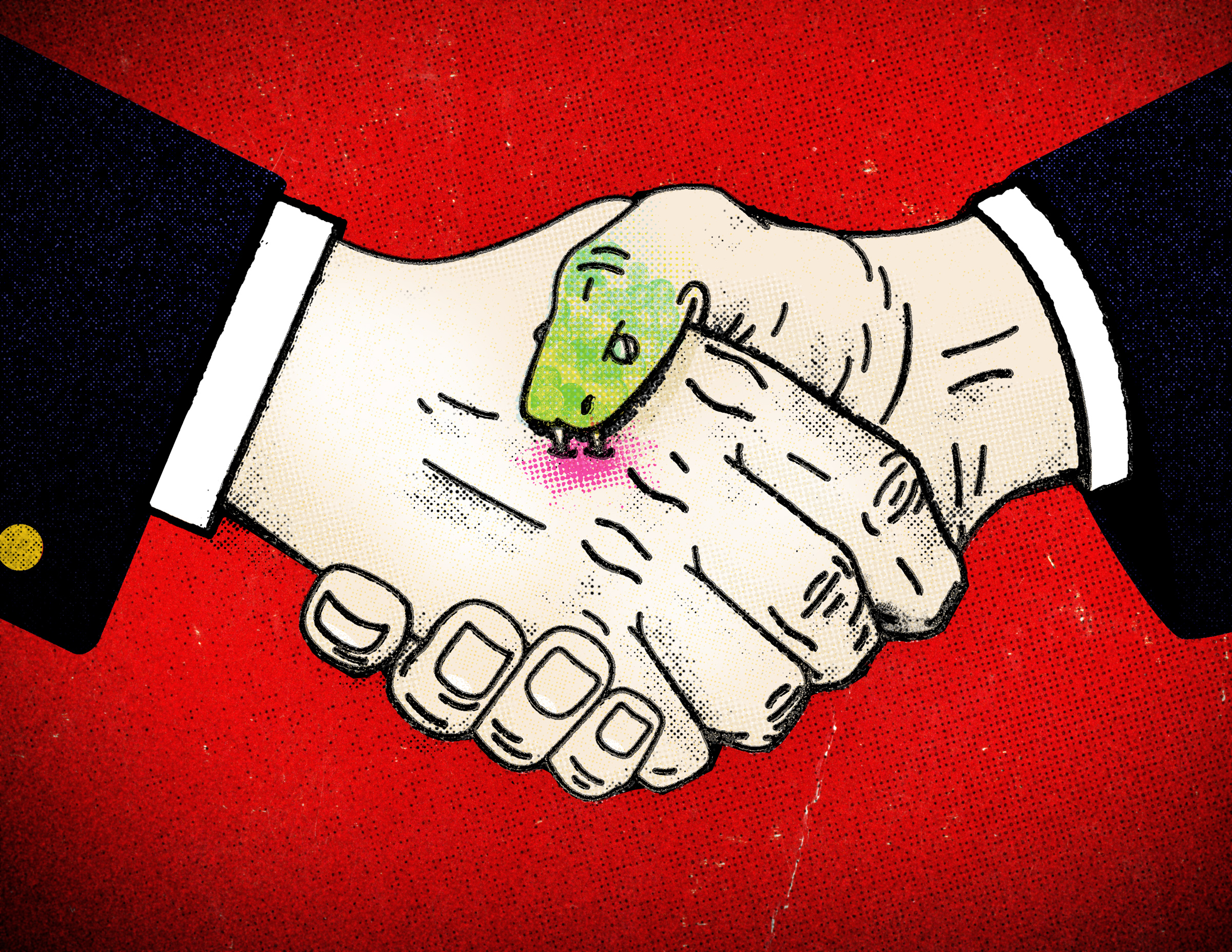cartoon of two hands shaking with one man's thumb turning into a biting snake