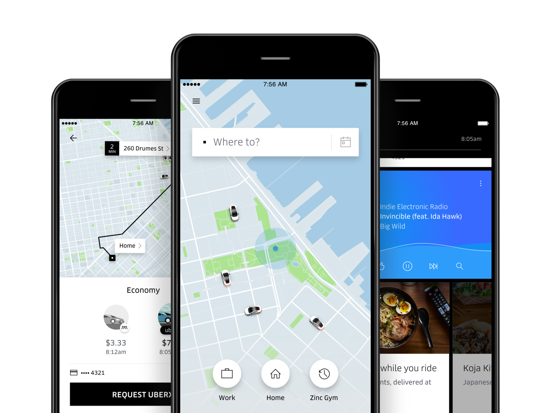 Uber app interface displayed on three smartphones