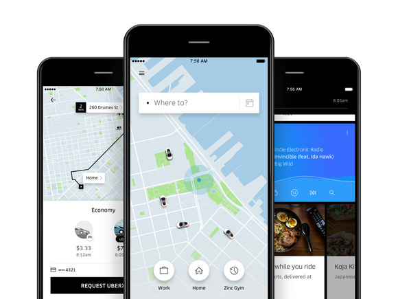 Uber app interface displayed on three smartphones