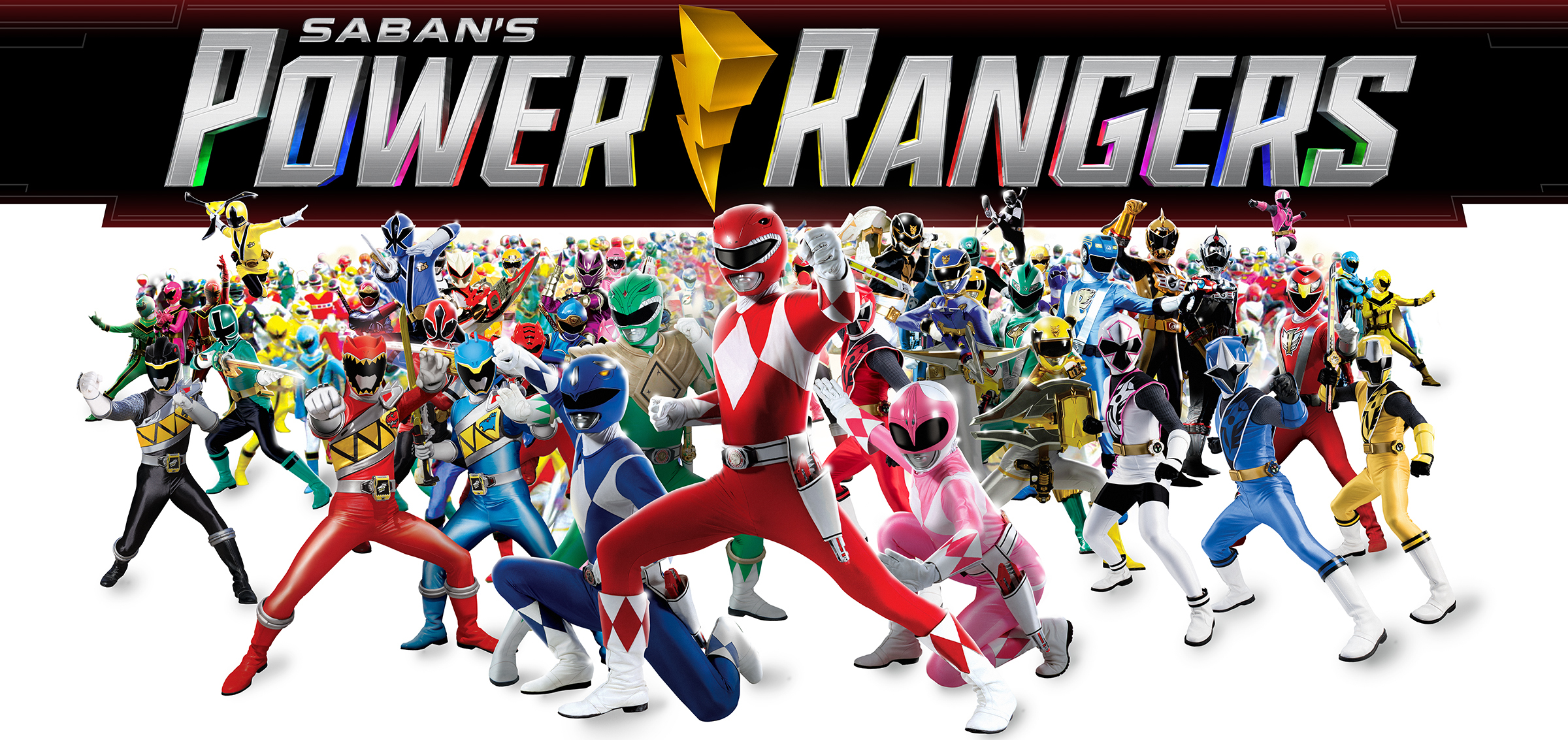 Dozens of Power Rangers assume fighting stances.