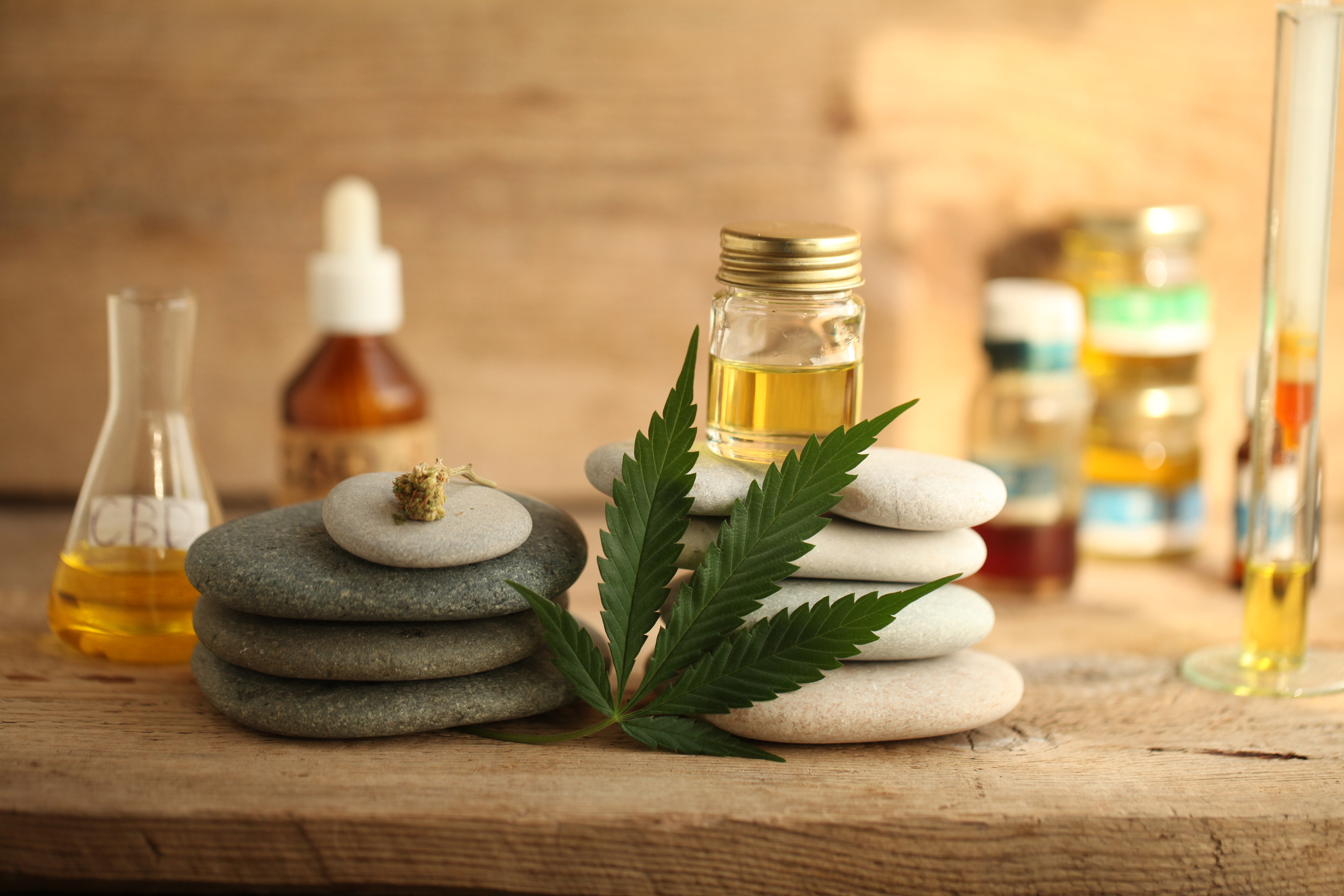 Marijuana leaf and oils.
