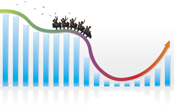 A roller coaster riding along a dramatic stock chart, trailed by a flurry of paper money