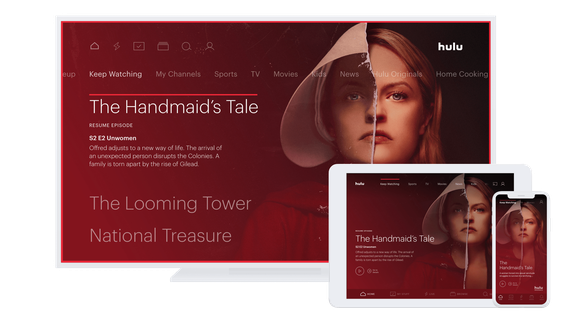 Hulu interface display on a TV, a tablet, and a smartphone