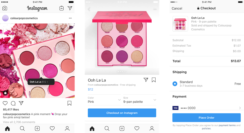 Three screenshots of the checkout process through Instagram Checkout