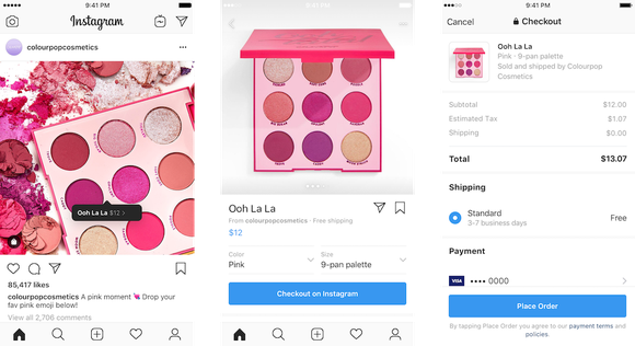 Three screenshots of the checkout process through Instagram Checkout