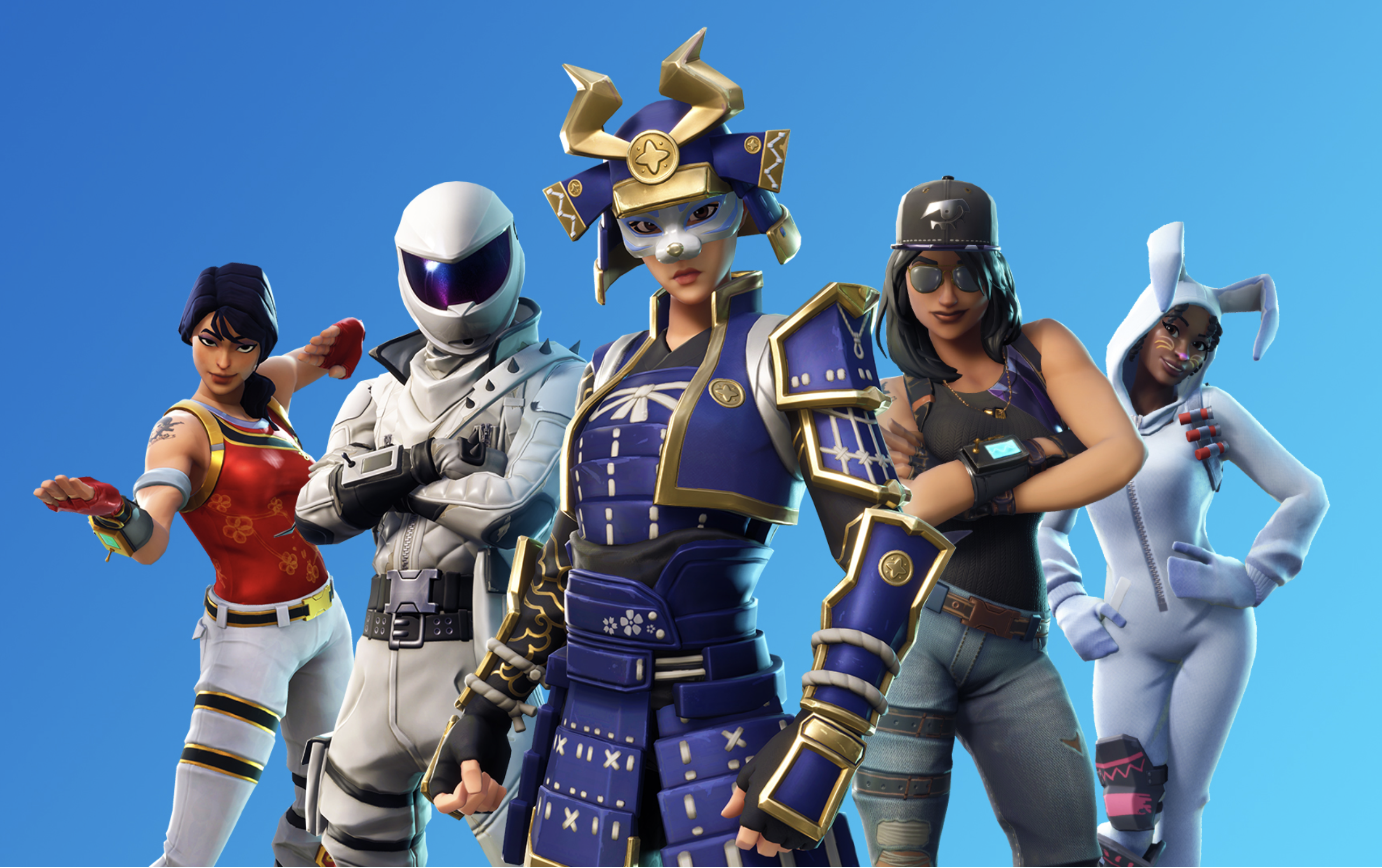 Five Fortnite characters dressed in various outfits, including a bunny outfit and a samurai soldier.