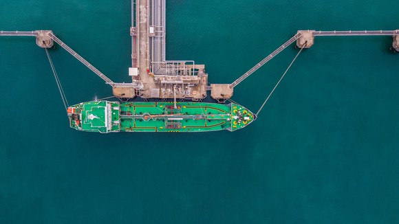 A liquefied natural gas vessel being loaded