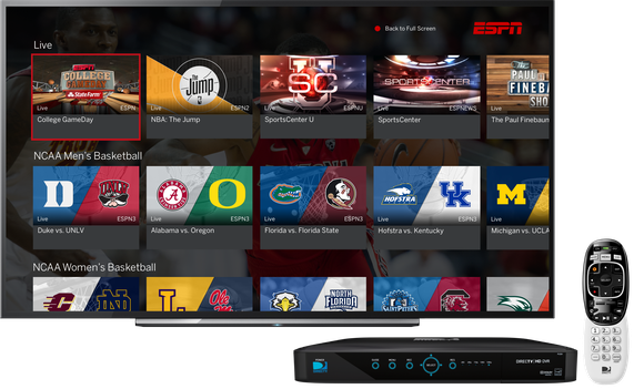 ESPN showing available sporting events on a TV with a set-top box and remote. 