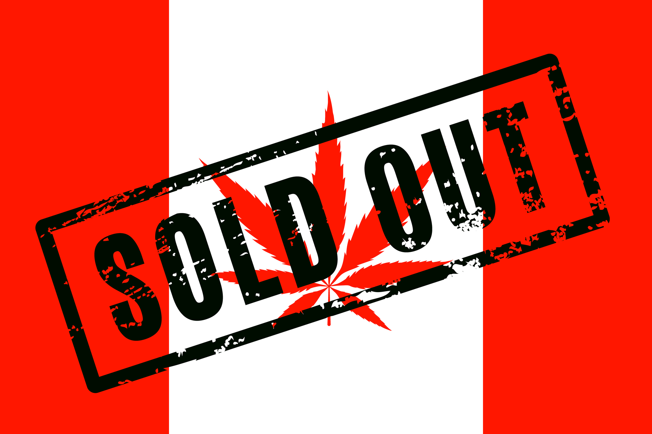 A Canadian flag with a cannabis leaf instead of a maple leaf, and the phrase sold out stamped across the flag. 